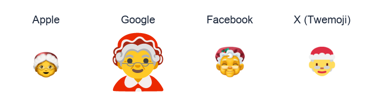 Mother Christmas emoji artwork compared side by side for Apple, Google Noto, Facebook, and X Twemoji styles on white.