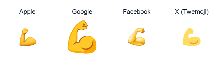Flexed Biceps emoji artwork compared side by side for Apple, Google Noto, Facebook, and X Twemoji styles on white.