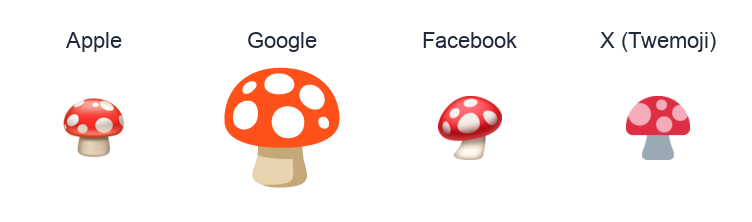 Mushroom emoji artwork compared side by side for Apple, Google Noto, Facebook, and X Twemoji styles on white.