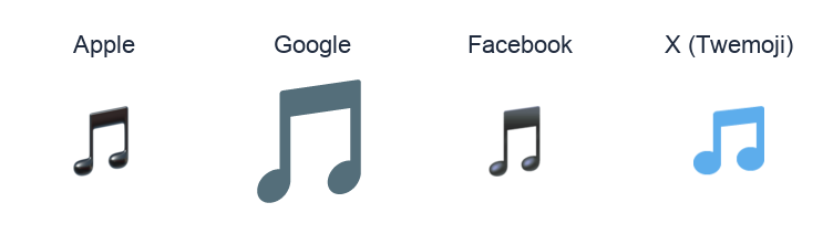 Musical Note emoji artwork compared side by side for Apple, Google Noto, Facebook, and X Twemoji styles on white.