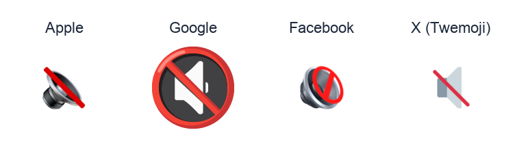 Speaker With Cancellation Stroke emoji artwork compared side by side for Apple, Google Noto, Facebook, and X Twemoji styles on white.