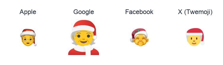 Mx Claus emoji artwork compared side by side for Apple, Google Noto, Facebook, and X Twemoji styles on white.
