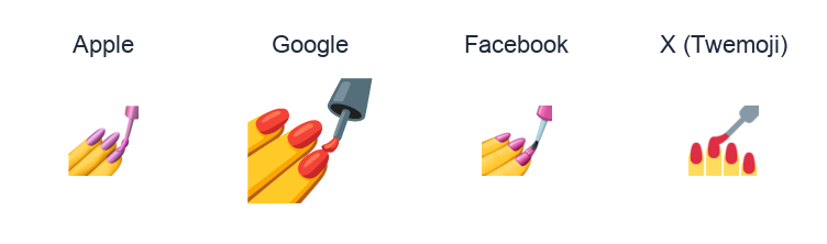 Nail Polish emoji artwork compared side by side for Apple, Google Noto, Facebook, and X Twemoji styles on white.
