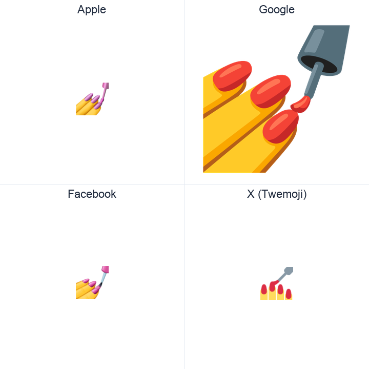 Nail Polish emoji in a square grid: Apple and Google on the top row, Facebook and X Twemoji on the bottom, on white.