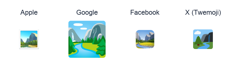 National Park emoji artwork compared side by side for Apple, Google Noto, Facebook, and X Twemoji styles on white.