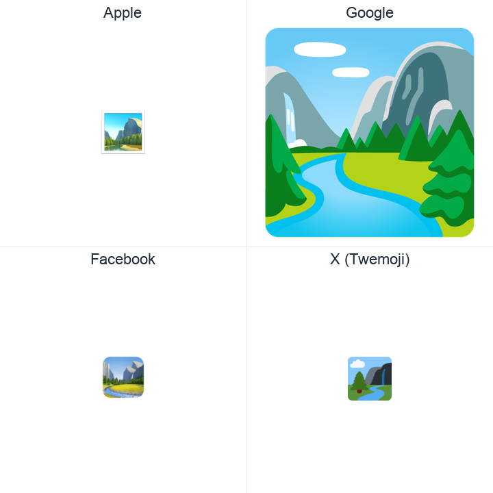 National Park emoji in a square grid: Apple and Google on the top row, Facebook and X Twemoji on the bottom, on white.