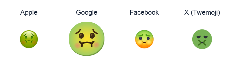 Nauseated Face emoji artwork compared side by side for Apple, Google Noto, Facebook, and X Twemoji styles on white.