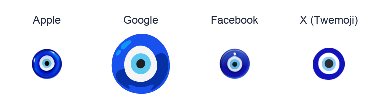 Nazar Amulet emoji artwork compared side by side for Apple, Google Noto, Facebook, and X Twemoji styles on white.