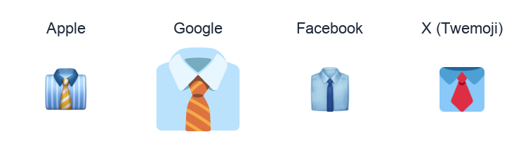 Necktie emoji artwork compared side by side for Apple, Google Noto, Facebook, and X Twemoji styles on white.