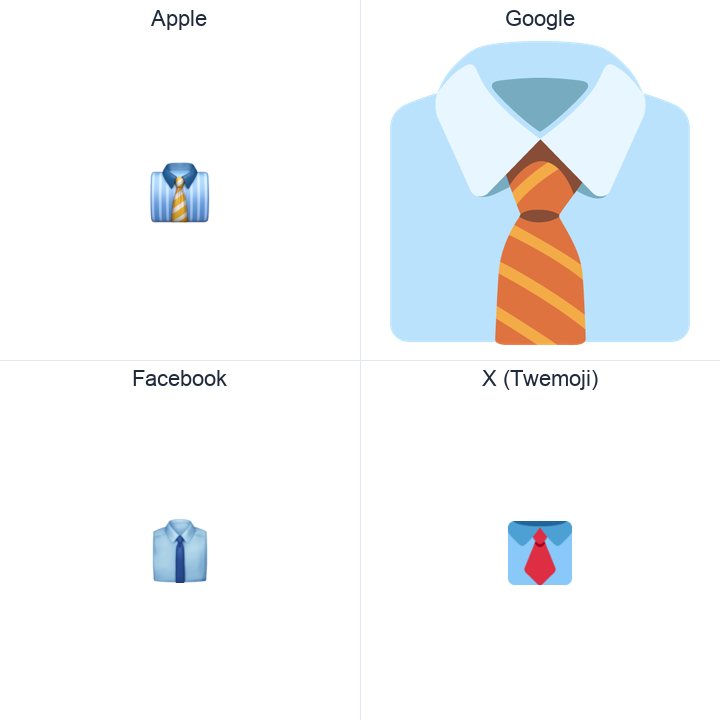 Necktie emoji in a square grid: Apple and Google on the top row, Facebook and X Twemoji on the bottom, on white.