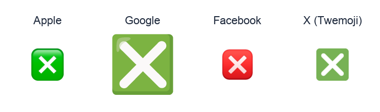 Negative Squared Cross Mark emoji artwork compared side by side for Apple, Google Noto, Facebook, and X Twemoji styles on white.