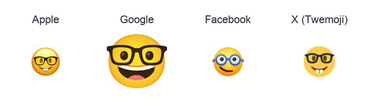 Nerd Face emoji artwork compared side by side for Apple, Google Noto, Facebook, and X Twemoji styles on white.