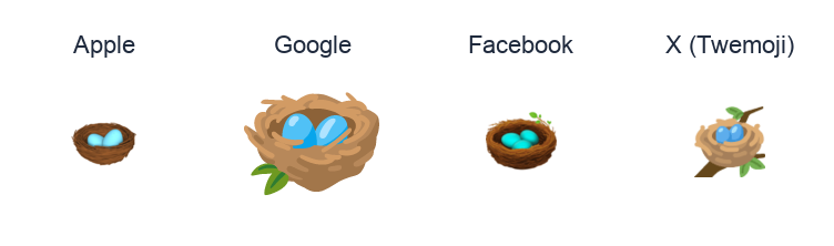 Nest With Eggs emoji artwork compared side by side for Apple, Google Noto, Facebook, and X Twemoji styles on white.