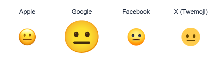 Neutral Face emoji artwork compared side by side for Apple, Google Noto, Facebook, and X Twemoji styles on white.