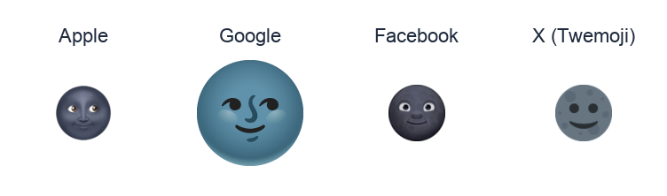 New Moon With Face emoji artwork compared side by side for Apple, Google Noto, Facebook, and X Twemoji styles on white.