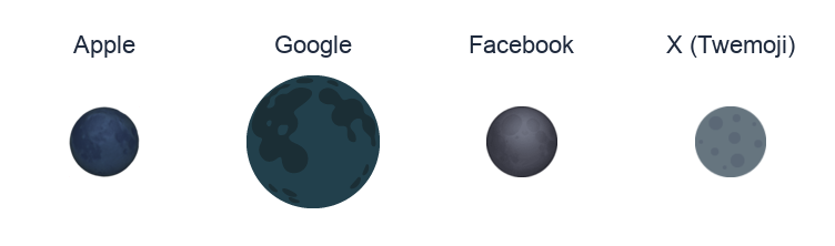 New Moon Symbol emoji artwork compared side by side for Apple, Google Noto, Facebook, and X Twemoji styles on white.