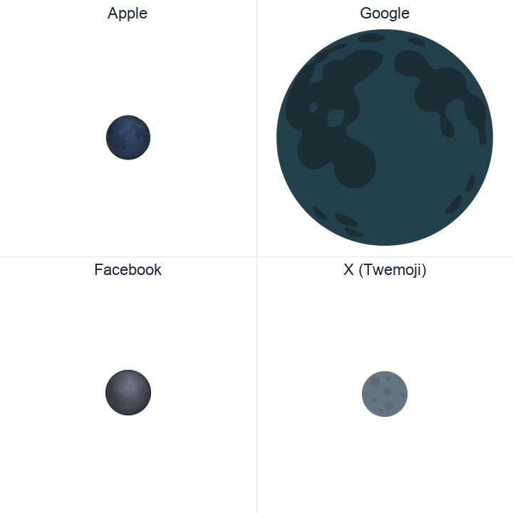 New Moon Symbol emoji in a square grid: Apple and Google on the top row, Facebook and X Twemoji on the bottom, on white.