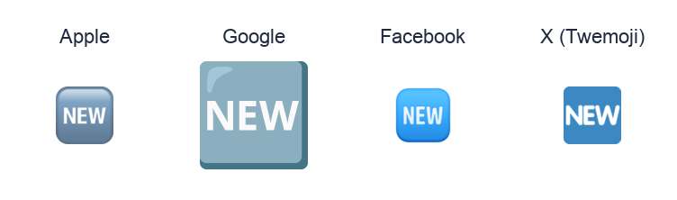 Squared New emoji artwork compared side by side for Apple, Google Noto, Facebook, and X Twemoji styles on white.