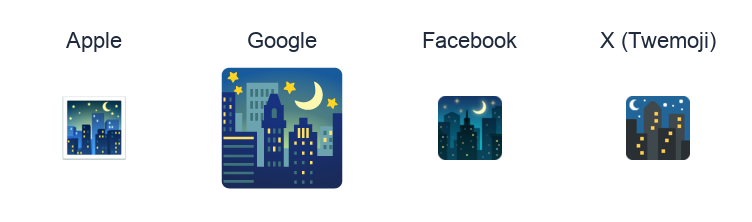 Night With Stars emoji artwork compared side by side for Apple, Google Noto, Facebook, and X Twemoji styles on white.