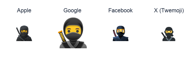 Ninja emoji artwork compared side by side for Apple, Google Noto, Facebook, and X Twemoji styles on white.