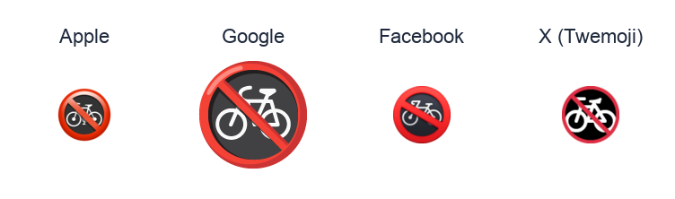 No Bicycles emoji artwork compared side by side for Apple, Google Noto, Facebook, and X Twemoji styles on white.