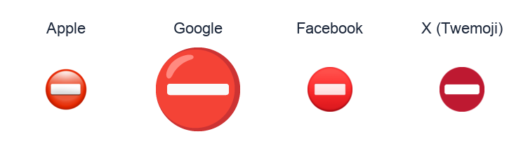 No Entry emoji artwork compared side by side for Apple, Google Noto, Facebook, and X Twemoji styles on white.