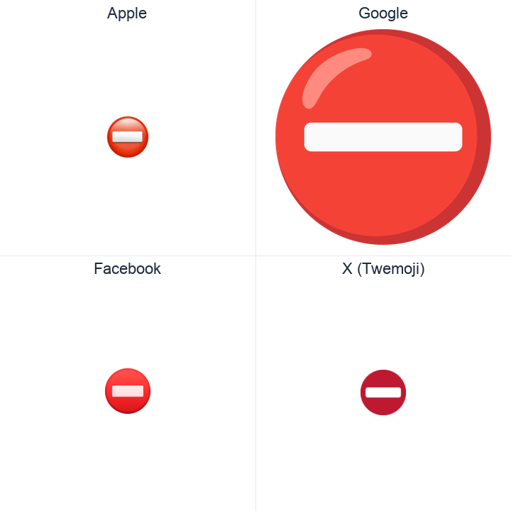 No Entry emoji in a square grid: Apple and Google on the top row, Facebook and X Twemoji on the bottom, on white.