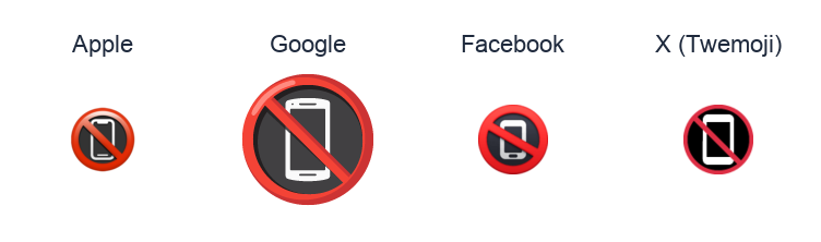 No Mobile Phones emoji artwork compared side by side for Apple, Google Noto, Facebook, and X Twemoji styles on white.