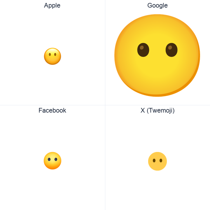 Face Without Mouth emoji in a square grid: Apple and Google on the top row, Facebook and X Twemoji on the bottom, on white.
