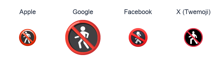 No Pedestrians emoji artwork compared side by side for Apple, Google Noto, Facebook, and X Twemoji styles on white.