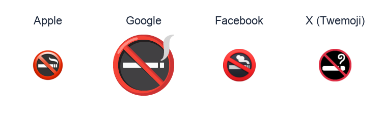 No Smoking Symbol emoji artwork compared side by side for Apple, Google Noto, Facebook, and X Twemoji styles on white.
