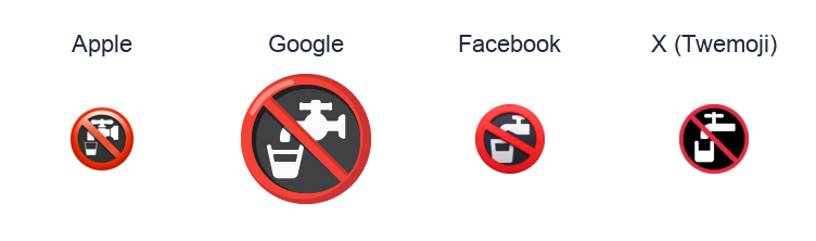 Non-Potable Water Symbol emoji artwork compared side by side for Apple, Google Noto, Facebook, and X Twemoji styles on white.