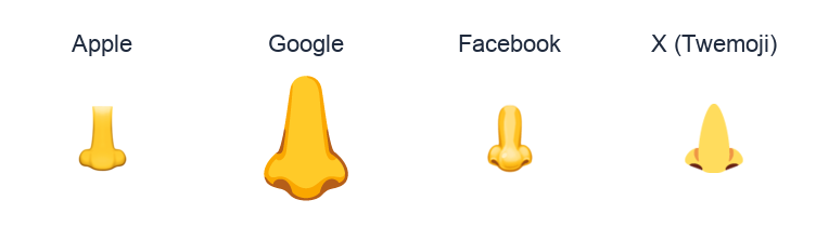 Nose emoji artwork compared side by side for Apple, Google Noto, Facebook, and X Twemoji styles on white.