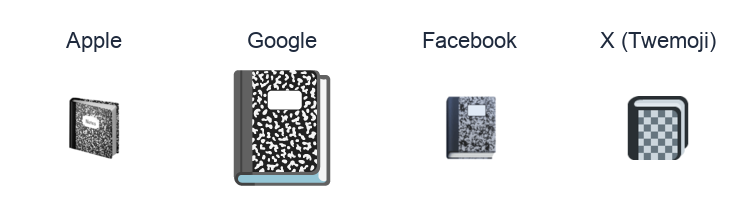 Notebook emoji artwork compared side by side for Apple, Google Noto, Facebook, and X Twemoji styles on white.