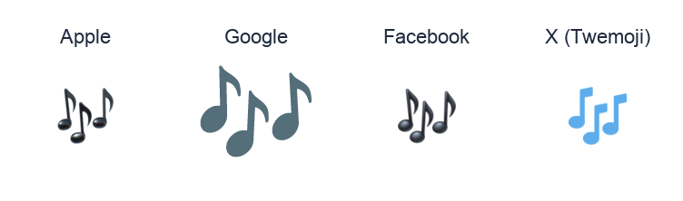 Multiple Musical Notes emoji artwork compared side by side for Apple, Google Noto, Facebook, and X Twemoji styles on white.