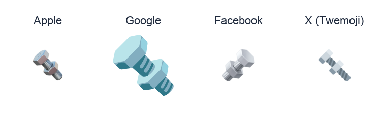 Nut And Bolt emoji artwork compared side by side for Apple, Google Noto, Facebook, and X Twemoji styles on white.