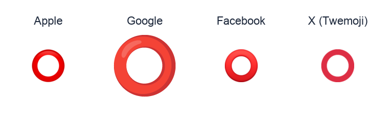 Heavy Large Circle emoji artwork compared side by side for Apple, Google Noto, Facebook, and X Twemoji styles on white.