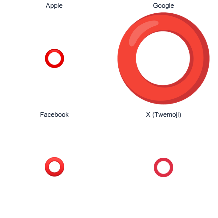 Heavy Large Circle emoji in a square grid: Apple and Google on the top row, Facebook and X Twemoji on the bottom, on white.