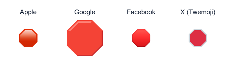 Octagonal Sign emoji artwork compared side by side for Apple, Google Noto, Facebook, and X Twemoji styles on white.