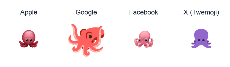 Octopus emoji artwork compared side by side for Apple, Google Noto, Facebook, and X Twemoji styles on white.