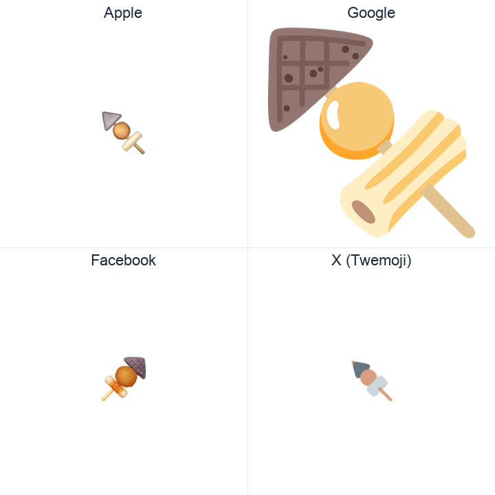 Oden emoji in a square grid: Apple and Google on the top row, Facebook and X Twemoji on the bottom, on white.