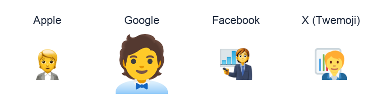 Office Worker emoji artwork compared side by side for Apple, Google Noto, Facebook, and X Twemoji styles on white.