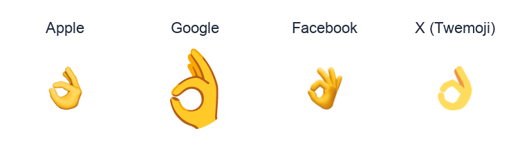 Ok Hand Sign emoji artwork compared side by side for Apple, Google Noto, Facebook, and X Twemoji styles on white.