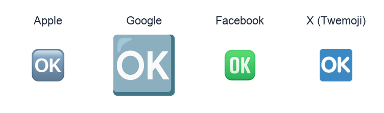 Squared Ok emoji artwork compared side by side for Apple, Google Noto, Facebook, and X Twemoji styles on white.