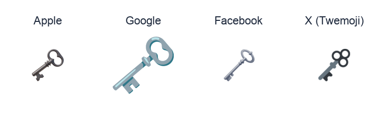 Old Key emoji artwork compared side by side for Apple, Google Noto, Facebook, and X Twemoji styles on white.