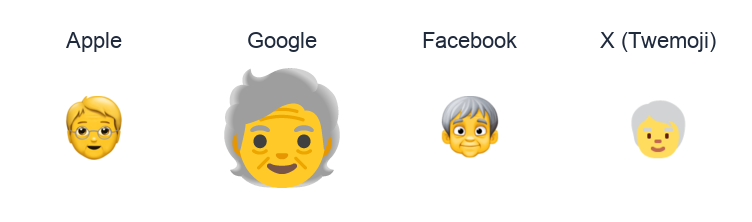 Older Adult emoji artwork compared side by side for Apple, Google Noto, Facebook, and X Twemoji styles on white.