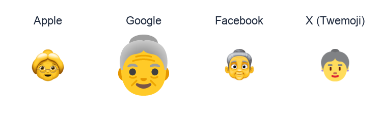 Older Woman emoji artwork compared side by side for Apple, Google Noto, Facebook, and X Twemoji styles on white.