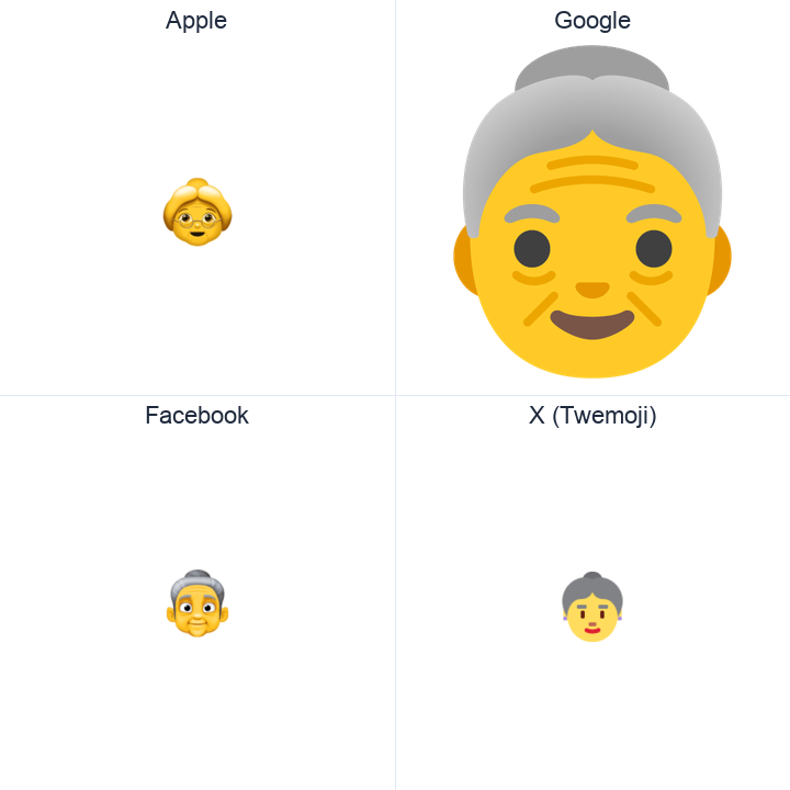 Older Woman emoji in a square grid: Apple and Google on the top row, Facebook and X Twemoji on the bottom, on white.