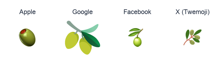 Olive emoji artwork compared side by side for Apple, Google Noto, Facebook, and X Twemoji styles on white.