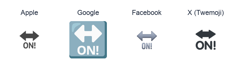 On With Exclamation Mark With Left Right Arrow Above emoji artwork compared side by side for Apple, Google Noto, Facebook, and X Twemoji styles on white.
